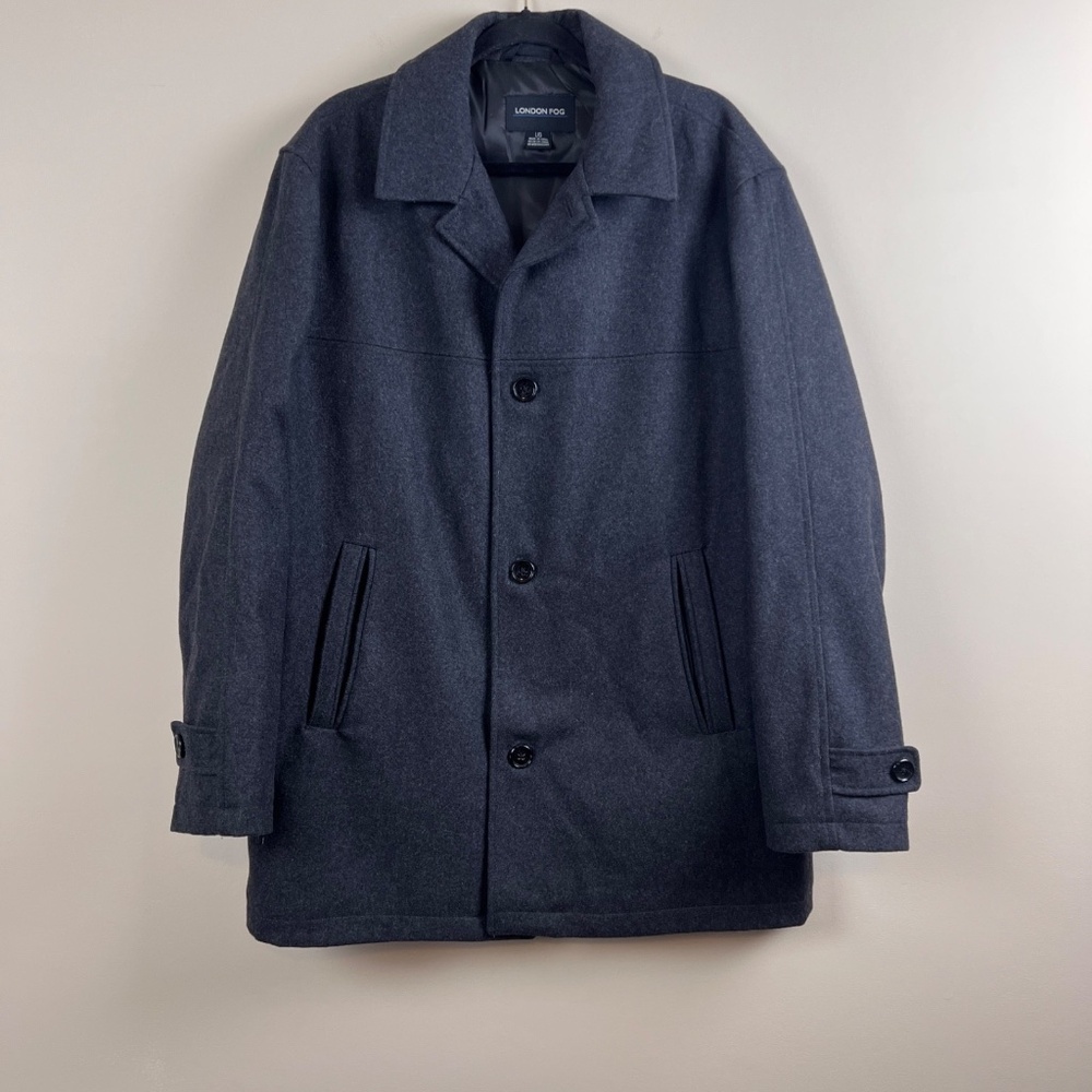 London Fog Mens Dark Gray Wool Blend Classic Button Up Over Coat Tip Coat Large